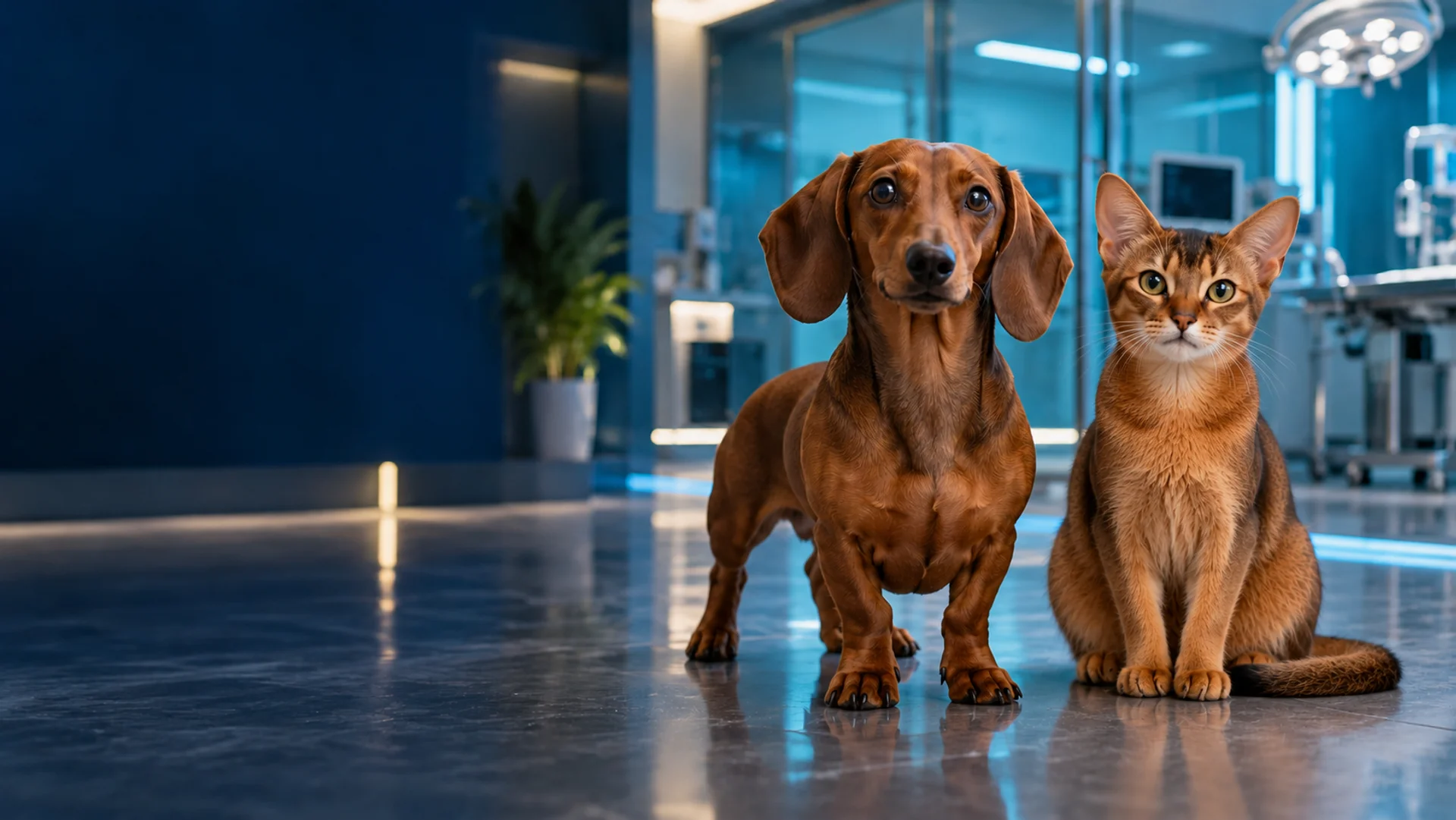 Dachshund y gato abisinio en una escena conceptual de un hospital veterinario moderno
