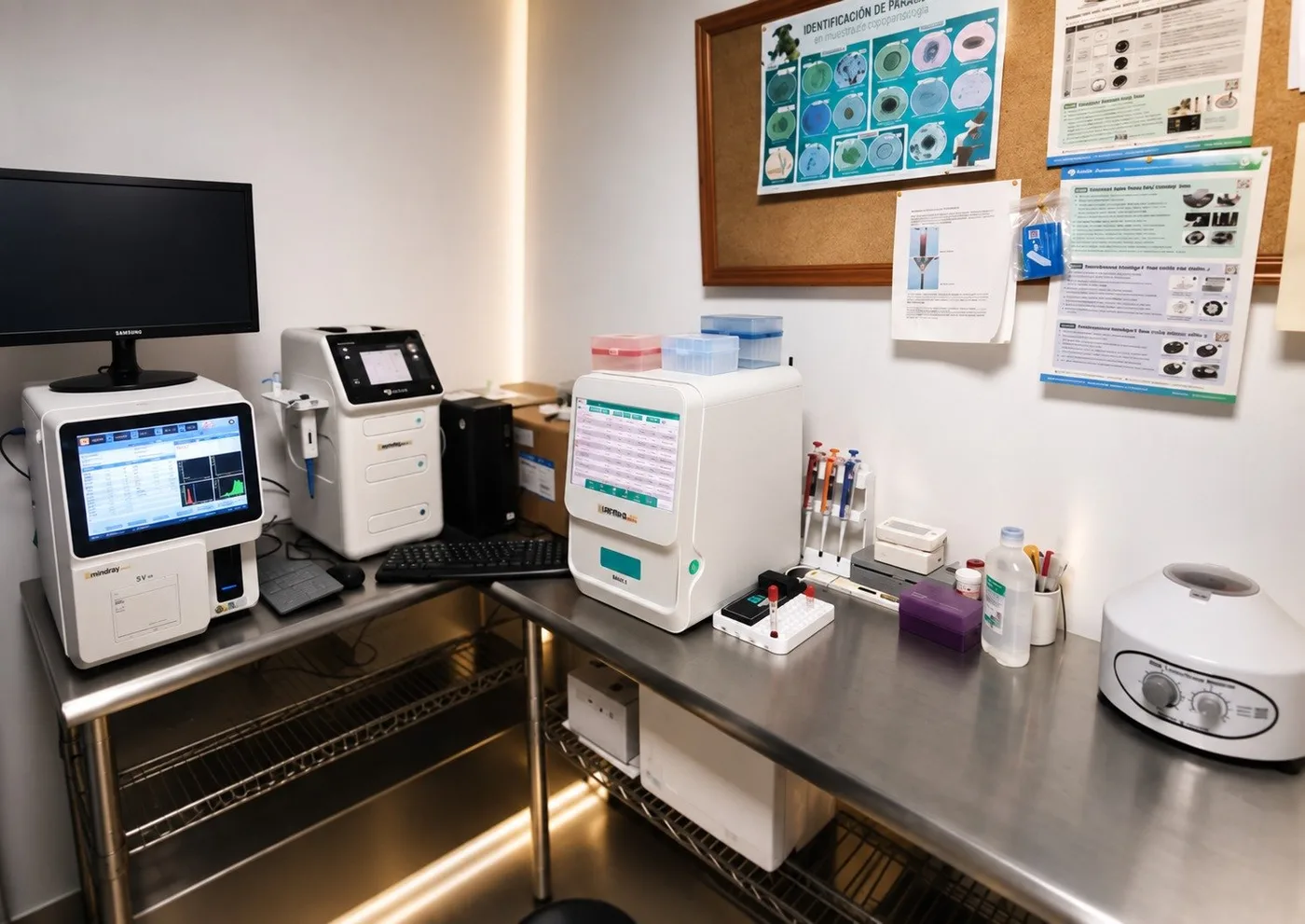 Área de laboratorio clínico de Hospital Veterinario Pachuca con analizadores y equipo diagnóstico.