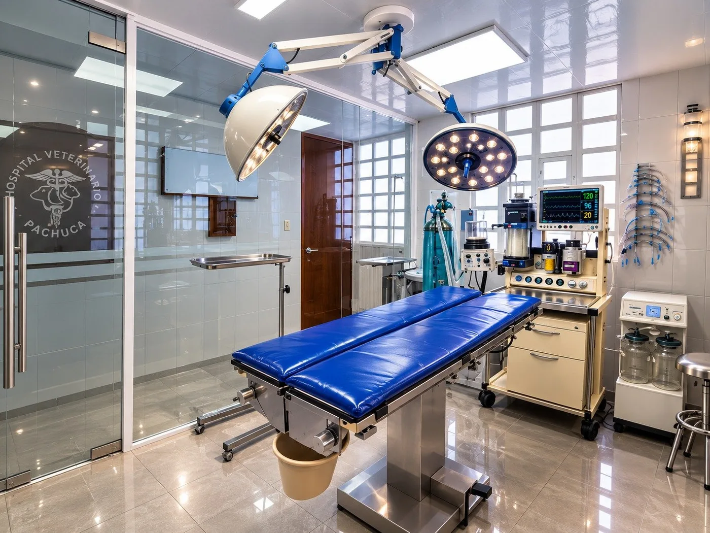 Quirófano de Hospital Veterinario Pachuca con mesa de cirugía, lámparas quirúrgicas y equipo de anestesia.